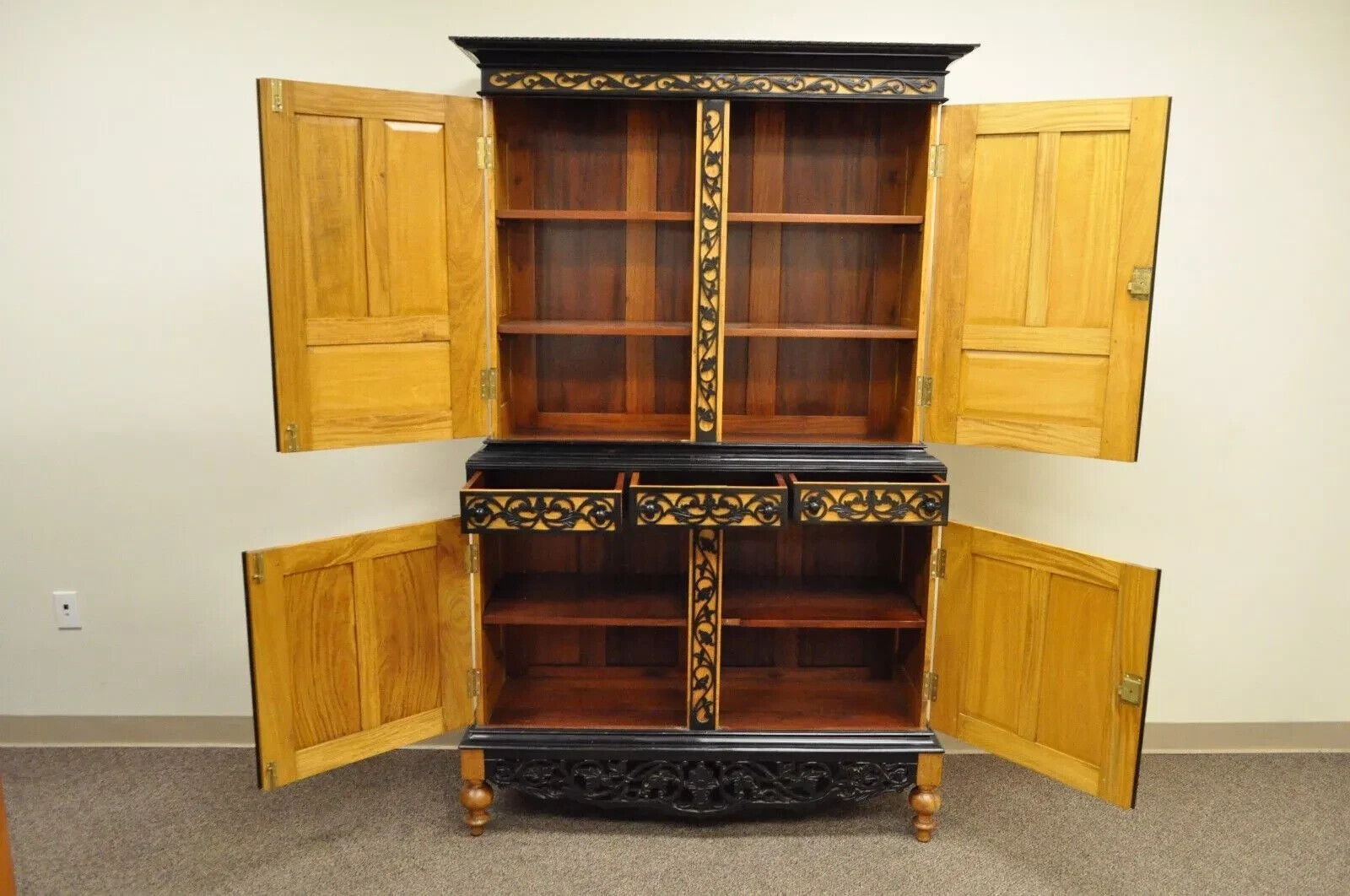 Ceylonese British Colonial Style Satinwood Ebony Mahogany Hutch Cupboard Cabinet