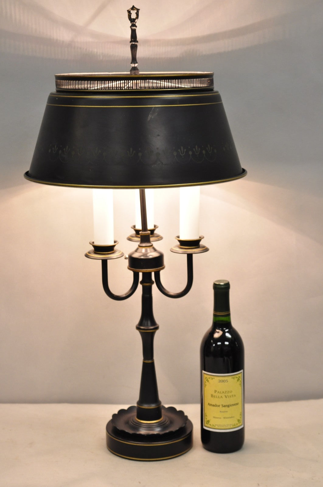 Vintage French Country Black Tole Metal Three Arm Candelabra Table Lamp w/ Shade