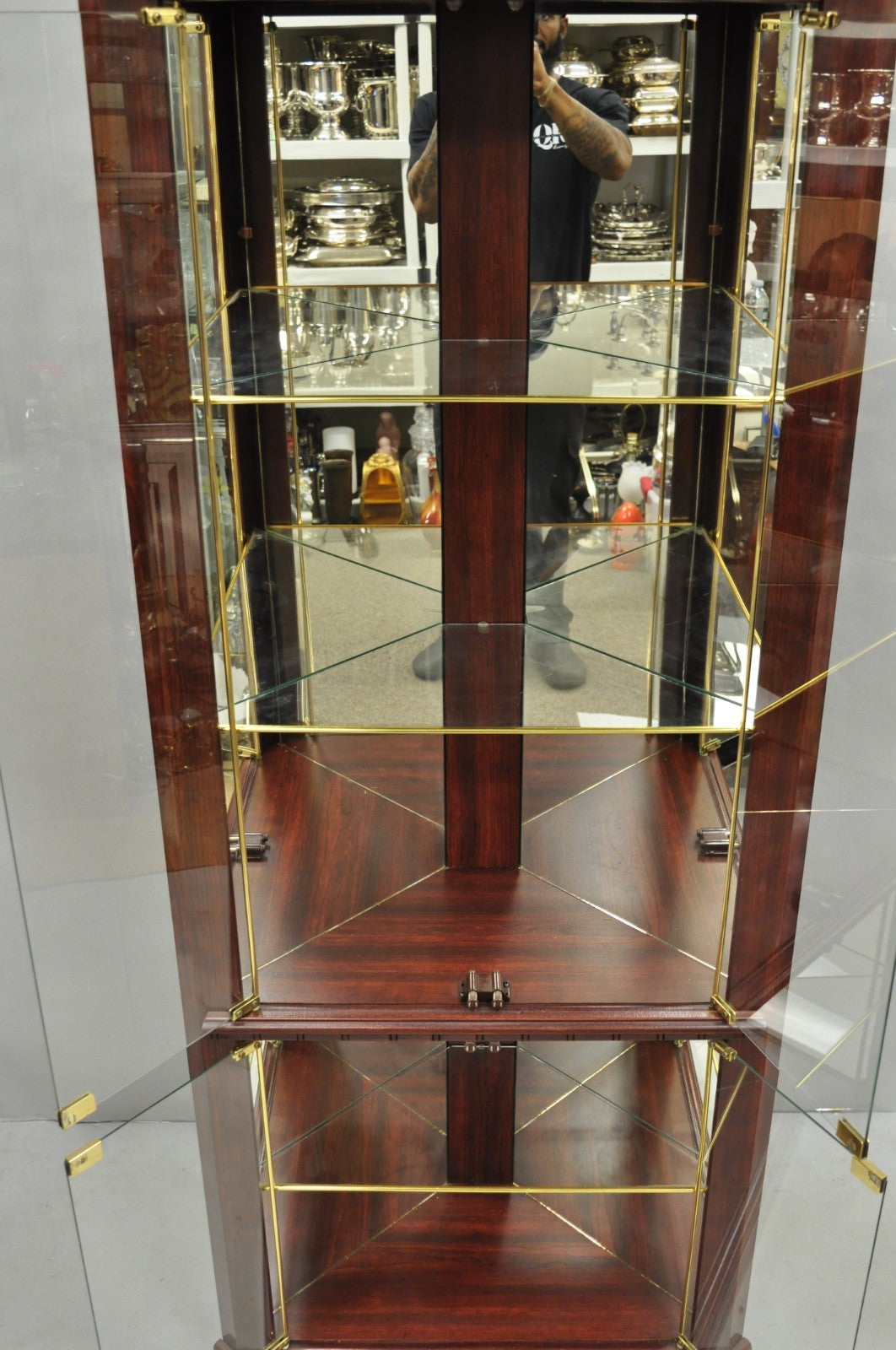Contemporary Faux Cherry Wood Mirror Glass Corner Curio Display Case Cabinet