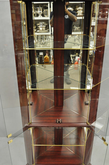 Contemporary Faux Cherry Wood Mirror Glass Corner Curio Display Case Cabinet