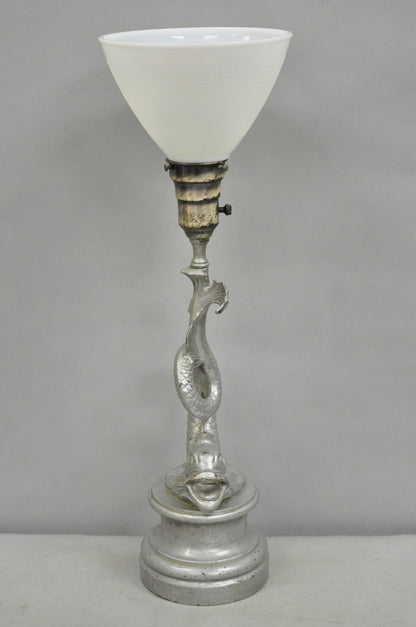 Vintage French Neoclassical Style Figural Gilt Metal Serpent Dolphin Table Lamp