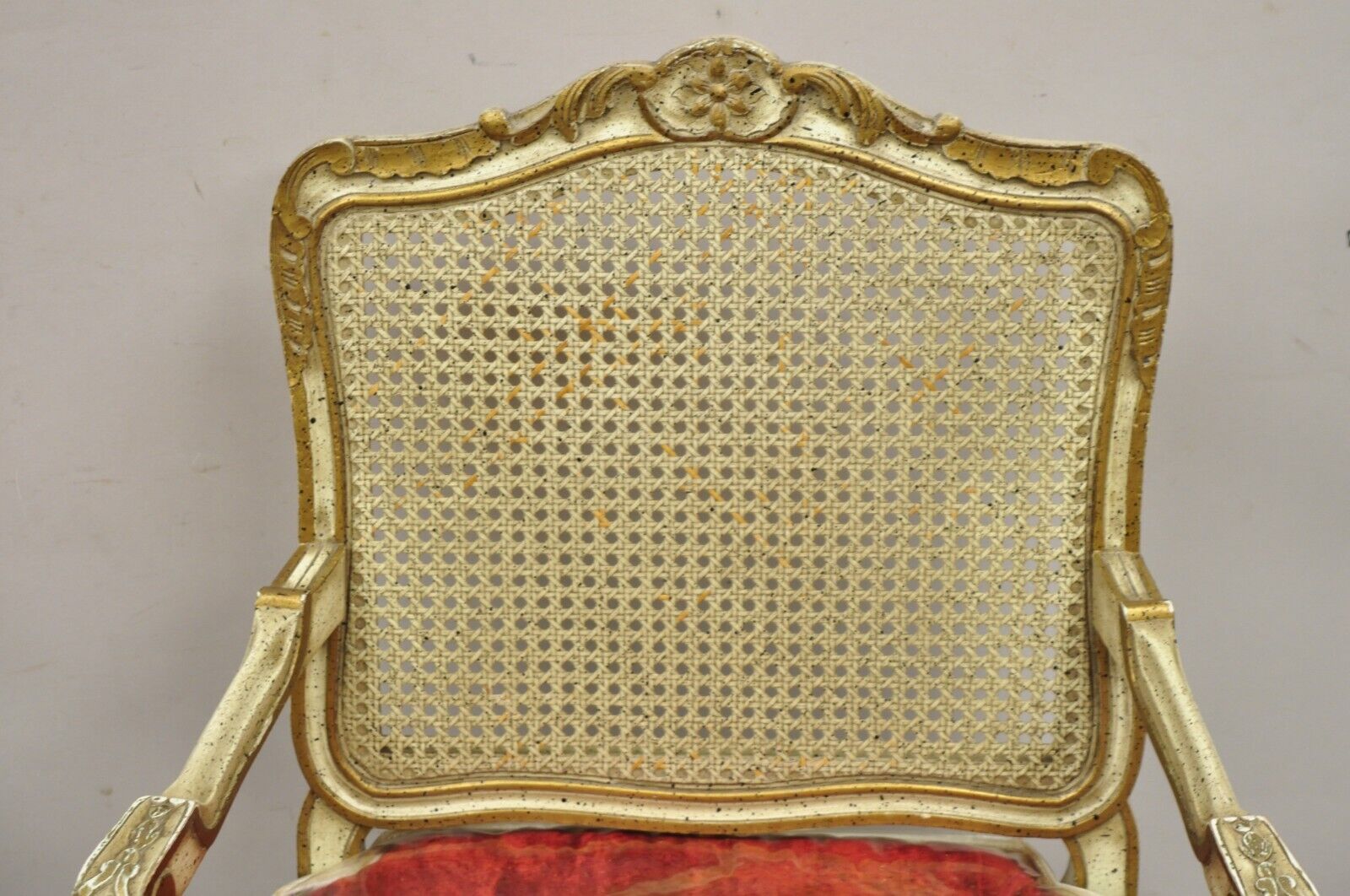 French Louis XV Style Cream Painted Carved Wood Cane Fauteuil Arm Chairs - Pair