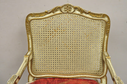 French Louis XV Style Cream Painted Carved Wood Cane Fauteuil Arm Chairs - Pair