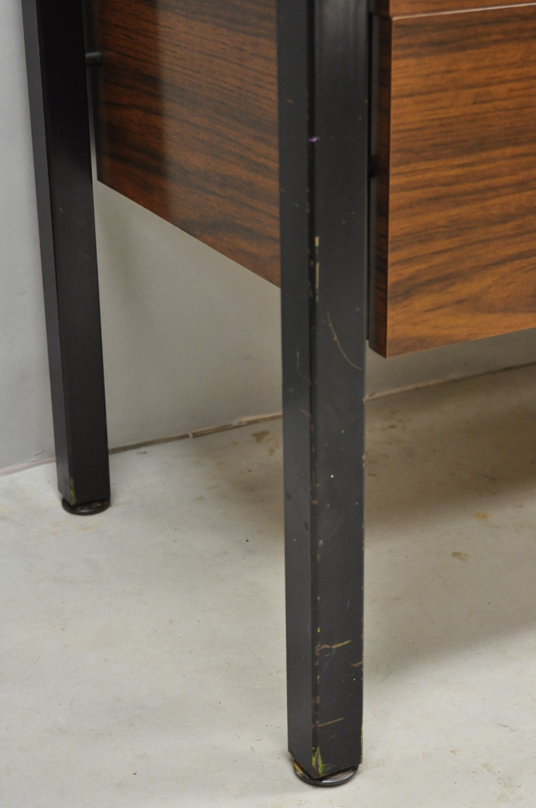 Vintage Mid Century Modern Faux Rosewood Laminate Steel Metal Credenza Cabinet