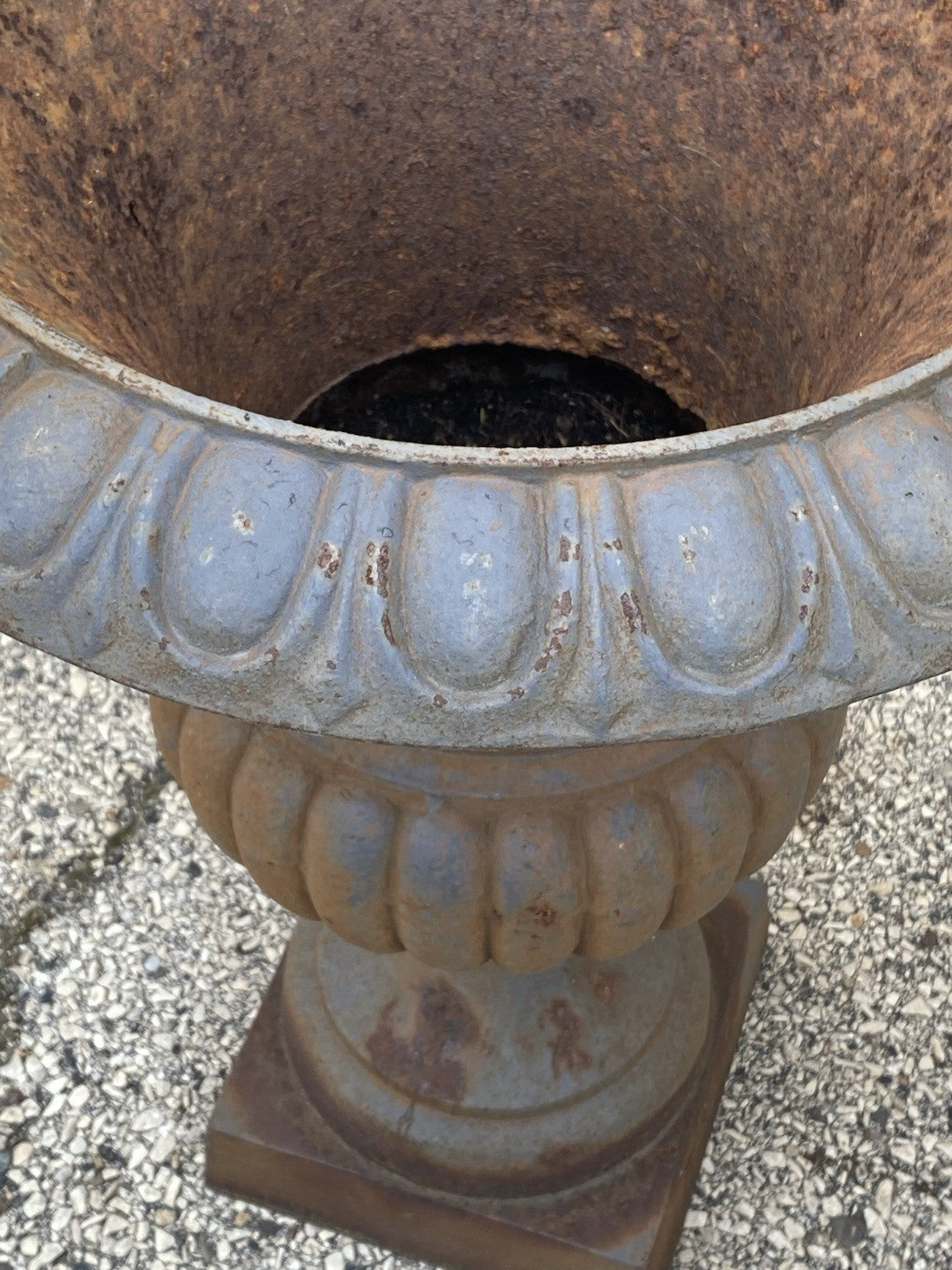 Vintage French Empire Style Large 30" Cast Iron Urn Form Garden Planters - Pair