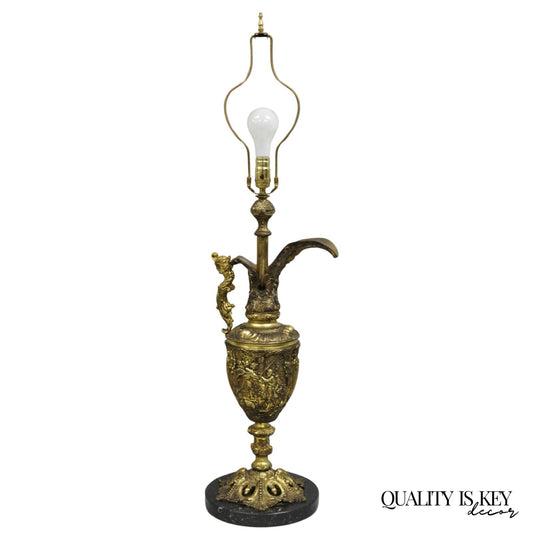Vintage French Renaissance Large Figural Bronze Ewer Urn Pitcher Table Lamp