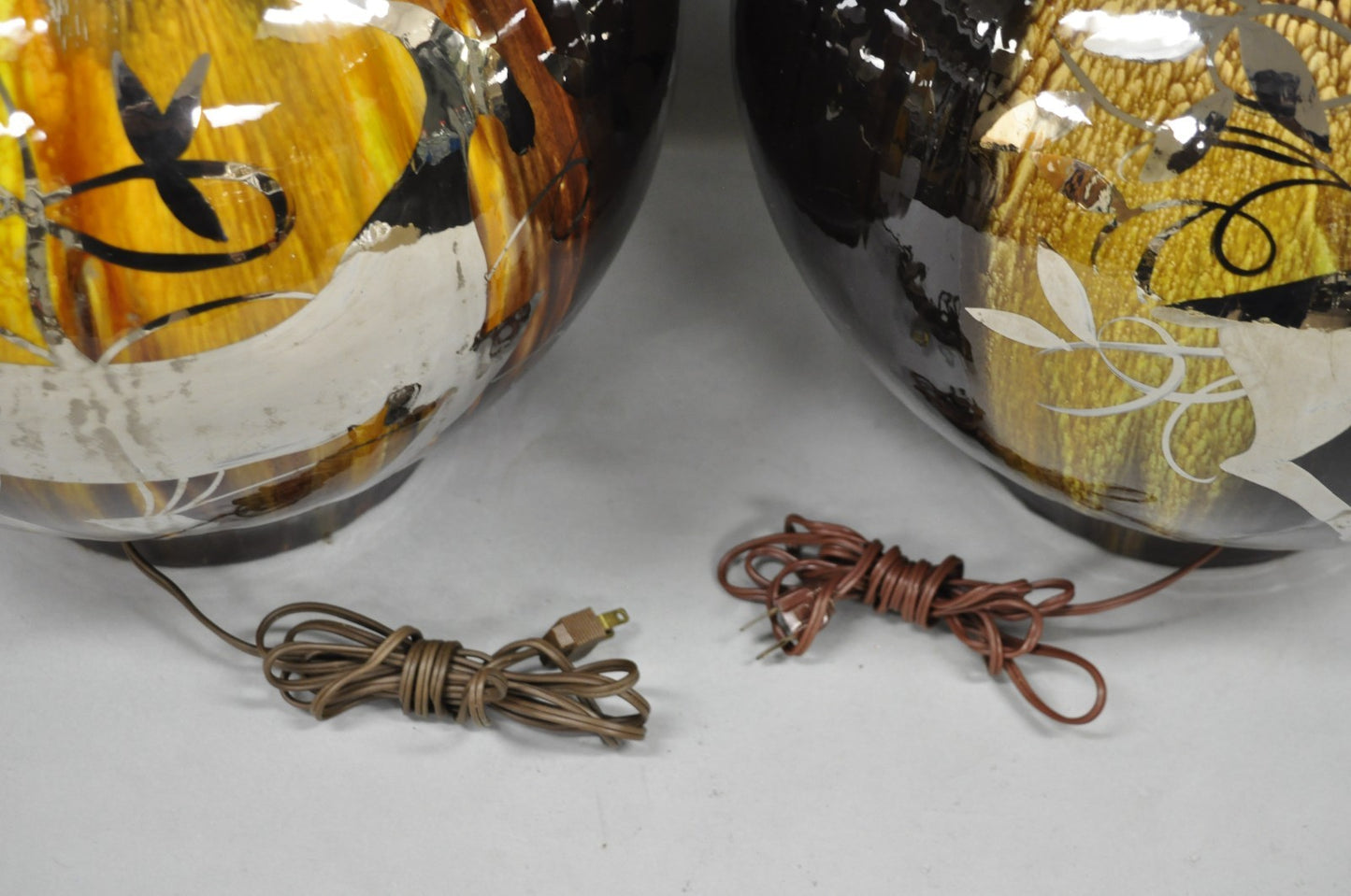 Mid Century Modern Sunset Cosco Ram Brown Drip Glaze Pottery Table Lamps Pair B