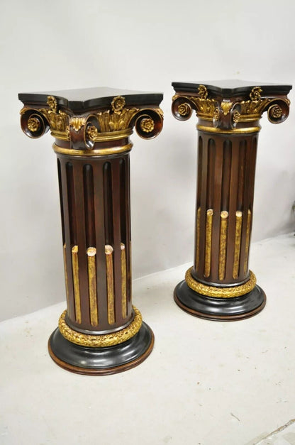 Italian Classical Carved Polychrome Gold Gilt Corinthian Column Pedestals - Pair