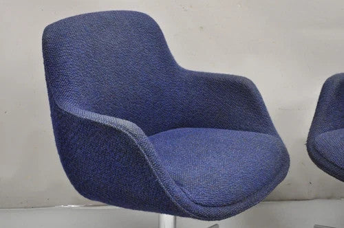 Vintage Mid Century Modern Blue Upholstered Chrome Swivel Base Club Chair - Pair