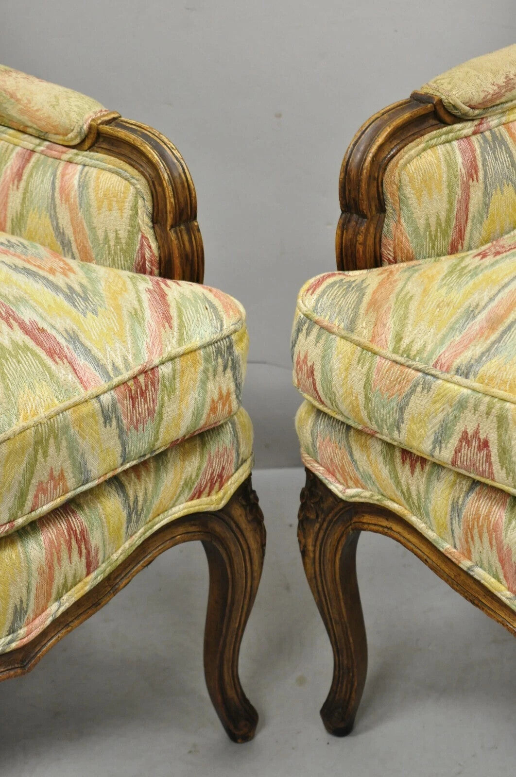 Vintage French Country Provincial High Back Walnut Arm Chairs (A) - a Pair