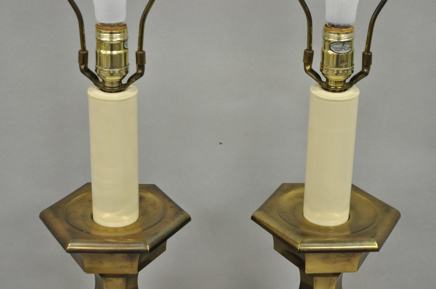 Vintage Hollywood Regency Burnished Brass Candlestick Table Lamps - a Pair