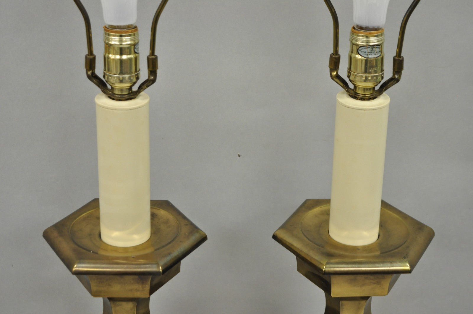 Vintage Hollywood Regency Burnished Brass Candlestick Table Lamps - a Pair