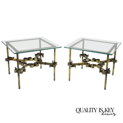 Vintage Spanish Hollywood Regency Gold Gilt Iron Square Glass End Tables - Pair