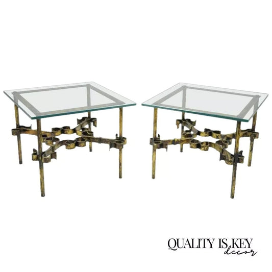 Vintage Spanish Hollywood Regency Gold Gilt Iron Square Glass End Tables - Pair