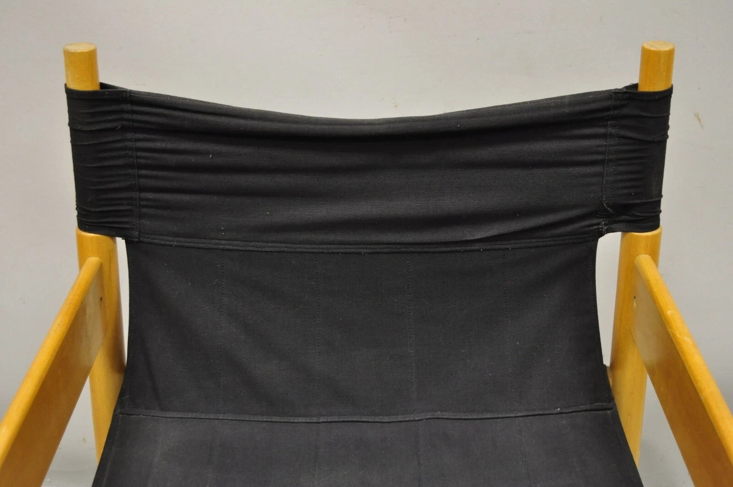 Vintage Mid Century Modern Scandinavian Black Canvas Birch Wood Lounge Chair