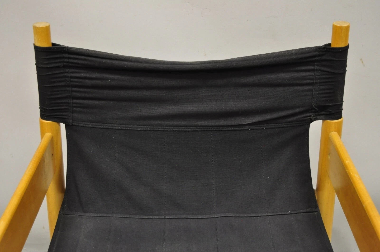 Vintage Mid Century Modern Scandinavian Black Canvas Birch Wood Lounge Chair