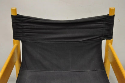 Vintage Mid Century Modern Scandinavian Black Canvas Birch Wood Lounge Chair