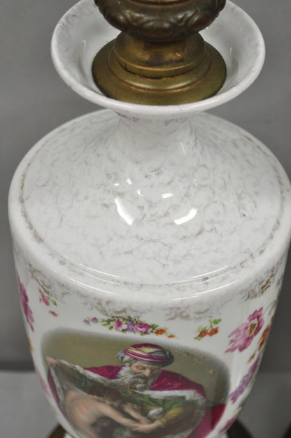 Antique French Renaissance Victorian Porcelain Urn Figural Cameo Table Lamp Pair