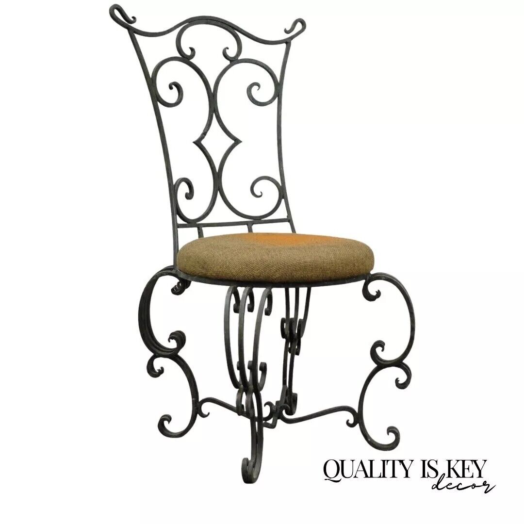 Vintage French Art Nouveau Style Hand Forged Scrolling Wrought Iron Side Chair