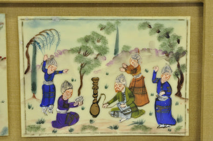 Vintage Persian Miniature Framed Hand Painted 3 Part Village Scene on Bone