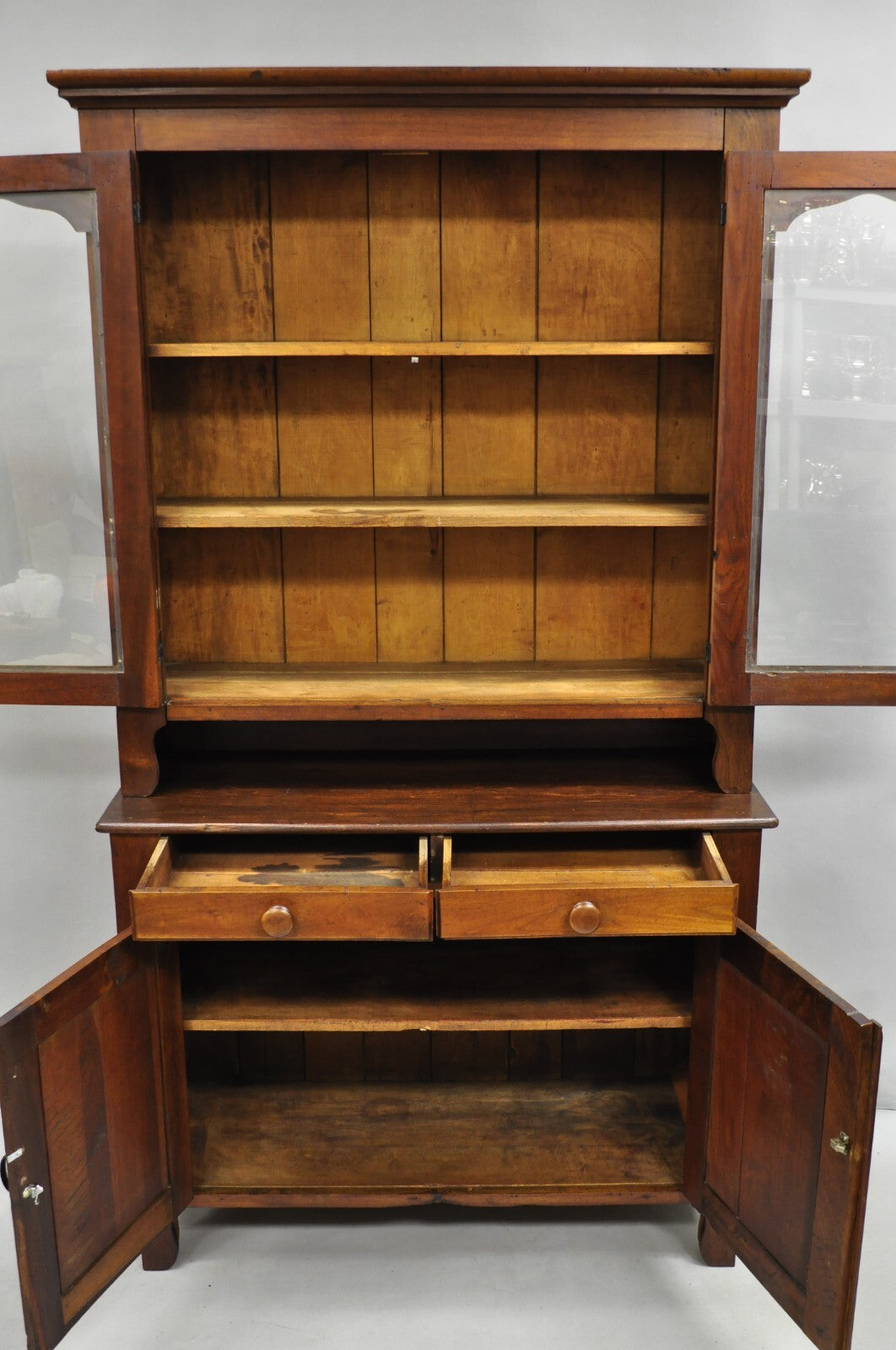 Antique Primitive Country Farmhouse Pine & Cherry Hutch Cupboard China Cabinet