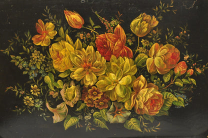 Antique French Country Tole Metal Hand Painted Floral Large Serving Platter Tray