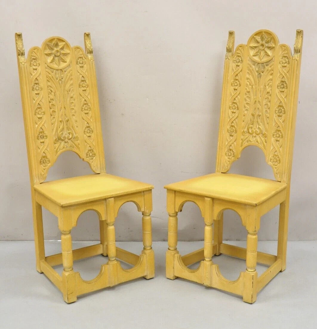 Vintage Gothic Renaissance Painted Hall Altar Console Table Chair Set - 4 Pc Set