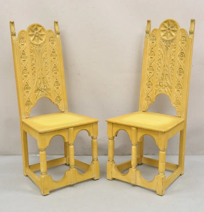 Vintage Gothic Renaissance Painted Hall Altar Console Table Chair Set - 4 Pc Set