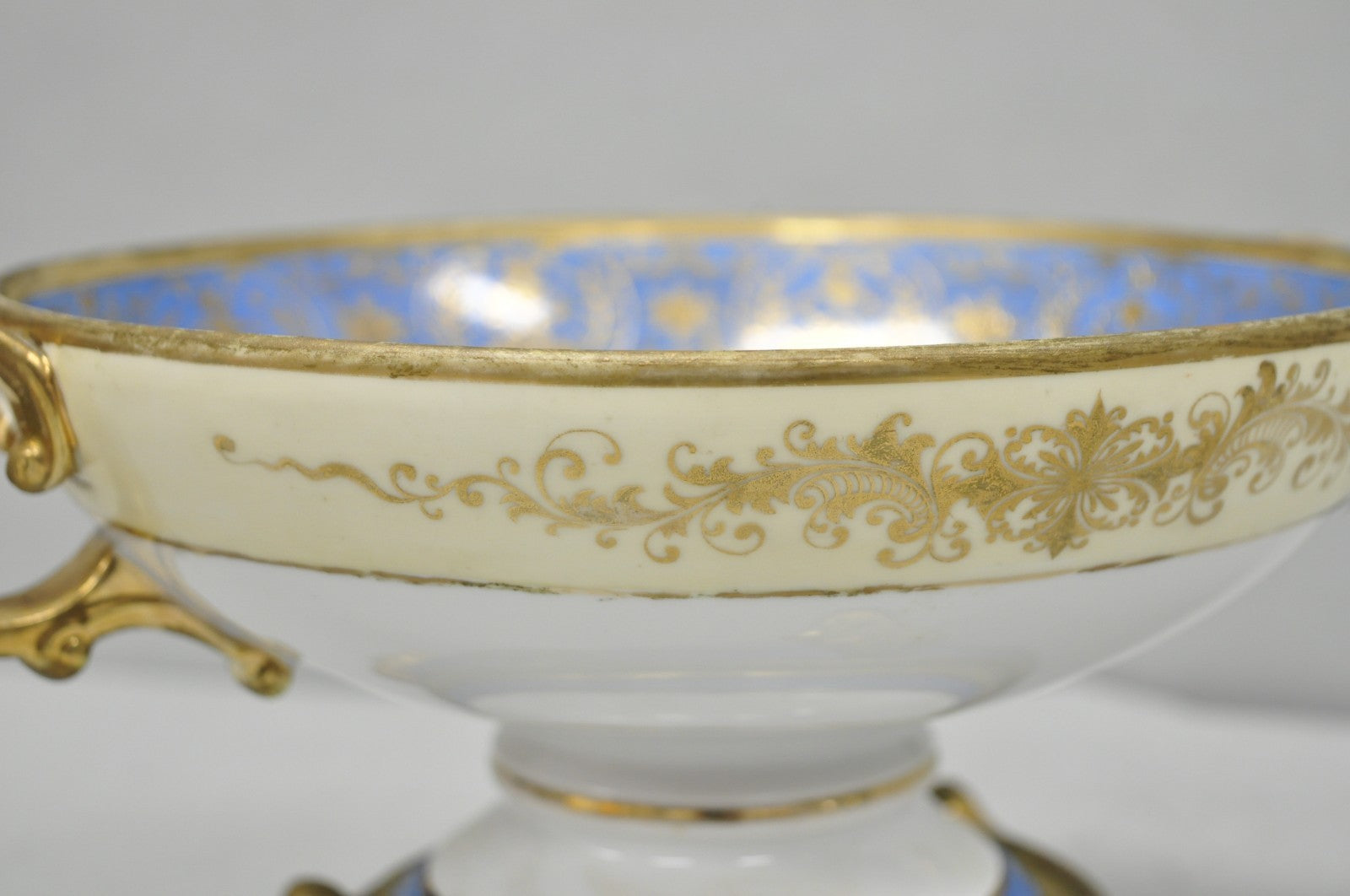 Nippon Hand Painted Porcelain Blue Centerpiece Compote Bowl w/ Cottage & Geese
