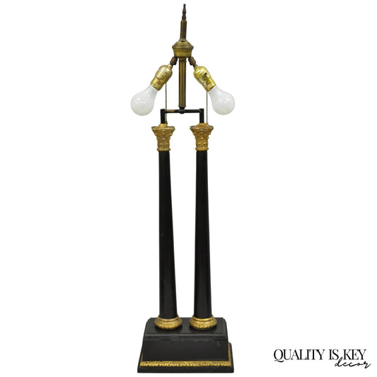 Vintage French Empire Double Wooden Corinthian Column Black & Gold Table Lamp