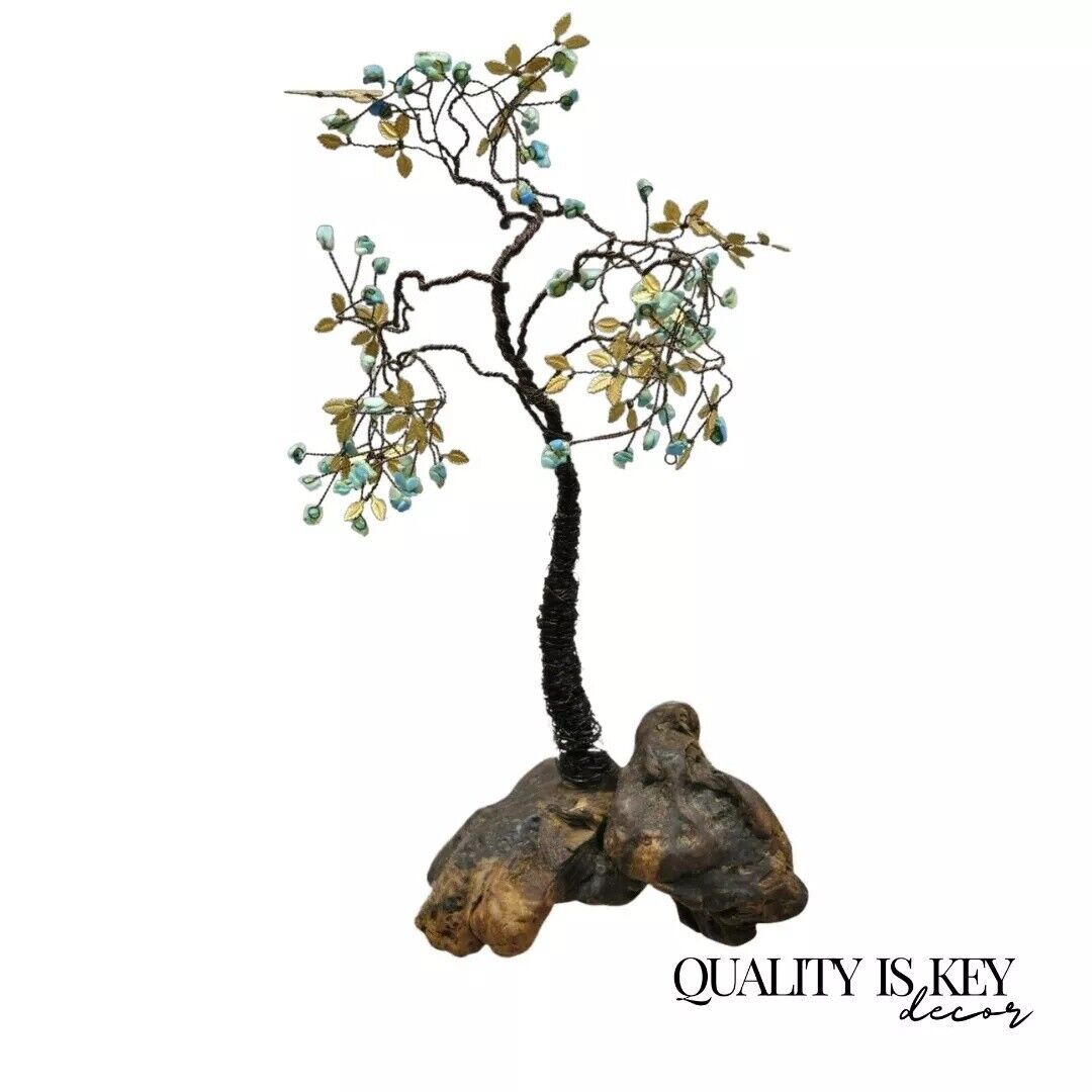 Brutalist Modern Copper Wire 14" Bonsai Tree Brass Leaves Stone Fruit Sculpture