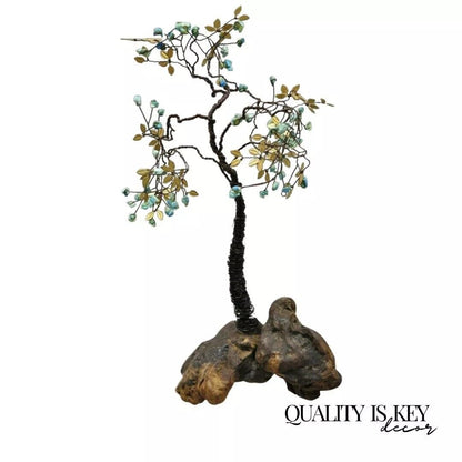Brutalist Modern Copper Wire 14" Bonsai Tree Brass Leaves Stone Fruit Sculpture