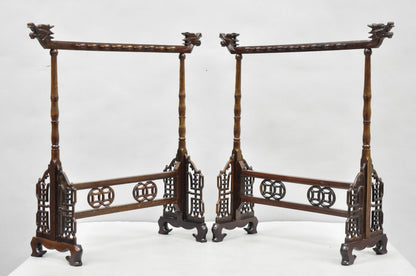 Chinese Carved Dragon Calligraphy Brush Pen Holder Rosewood Stand - a Pair