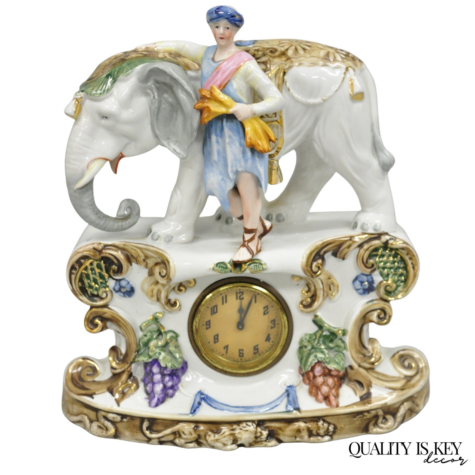 Vintage Roman Classical German Porcelain Figural Elephant & Soldier Mantel Clock