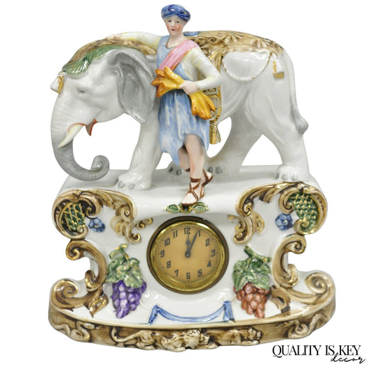 Vintage Roman Classical German Porcelain Figural Elephant & Soldier Mantel Clock
