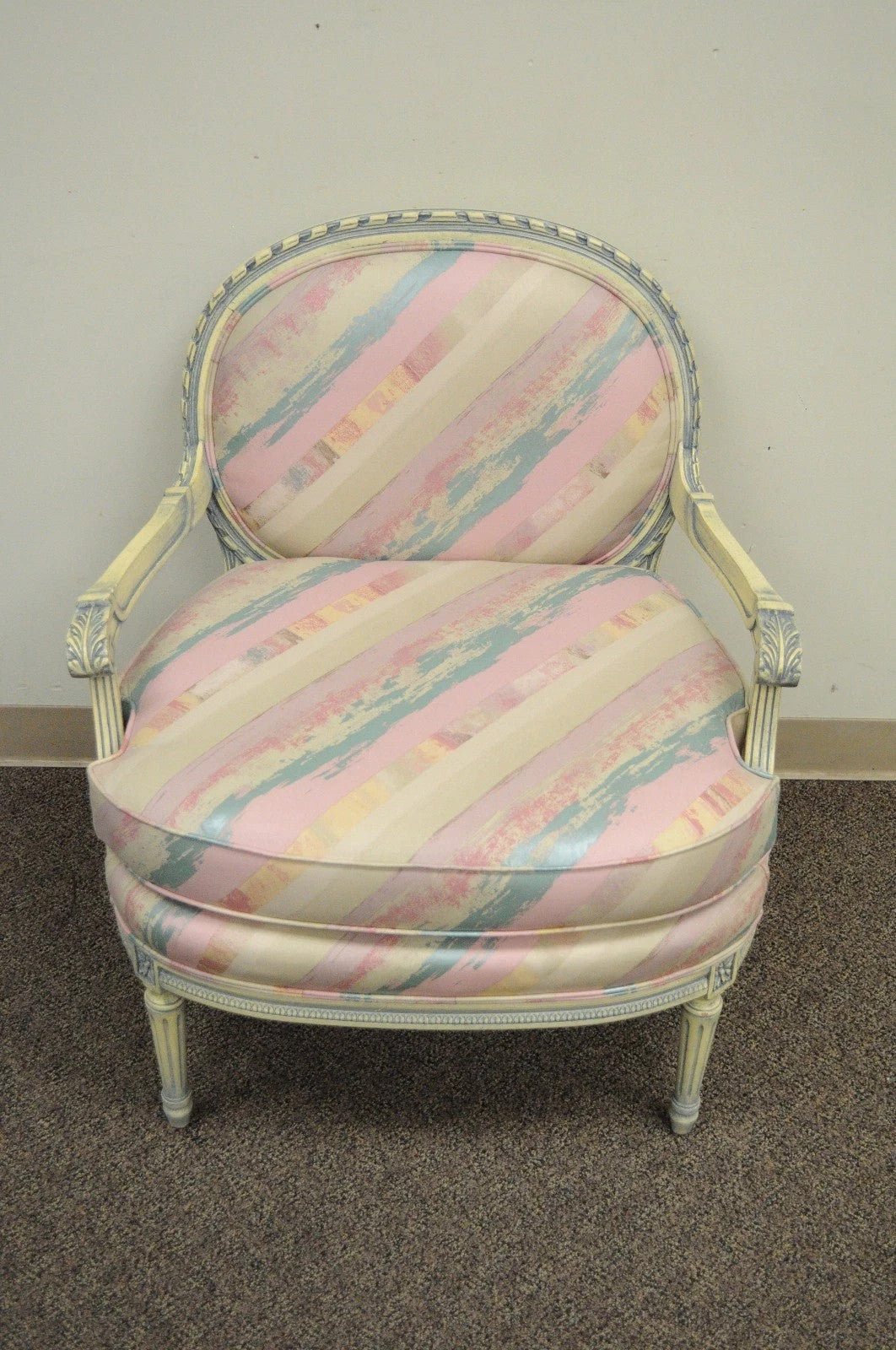 Vintage French Louis XVI Pink Blue Carved Bergere Boudoir Lounge Arm Chair