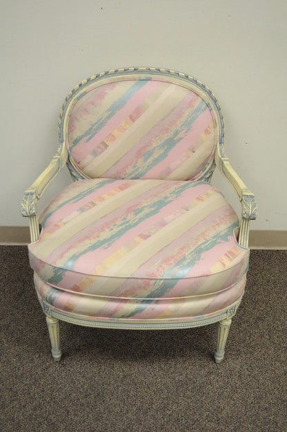 Vintage French Louis XVI Pink Blue Carved Bergere Boudoir Lounge Arm Chair