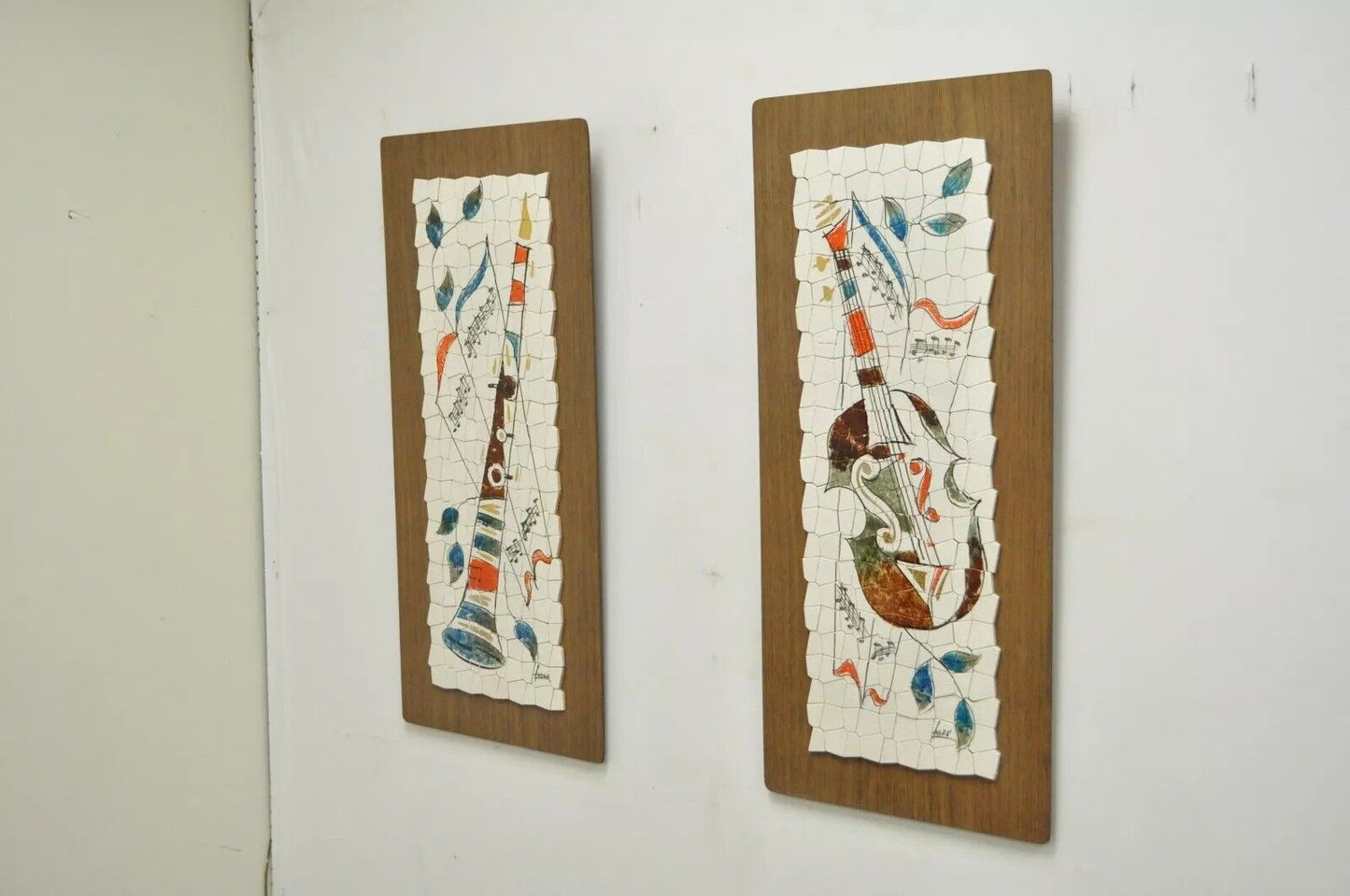 Vintage Andre Mid Century Modernist Abstract Music Instrument Tile Wall Art Pair