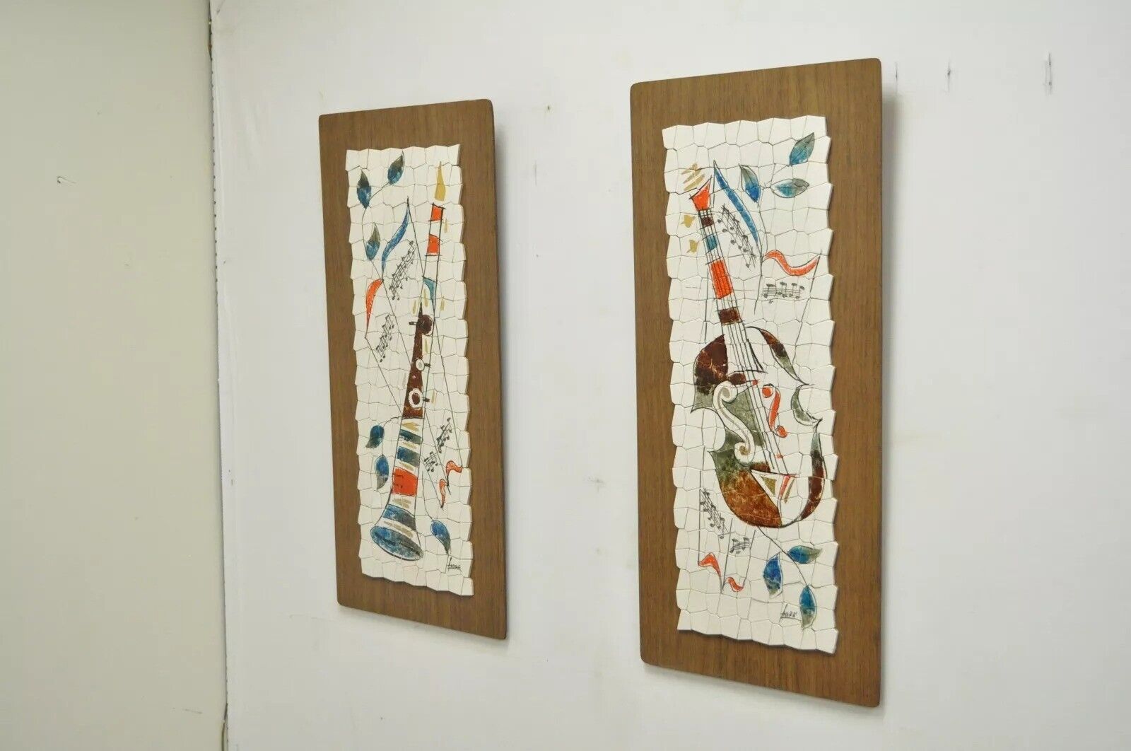 Vintage Andre Mid Century Modernist Abstract Music Instrument Tile Wall Art Pair
