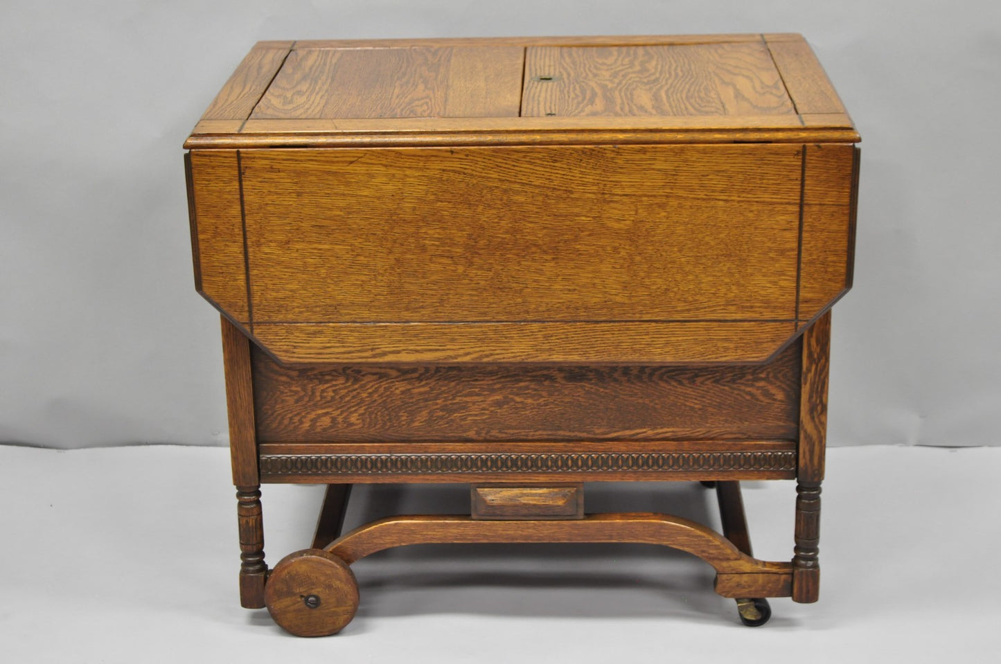Antique Arts & Crafts Oak Wood Rolling Bar Cart Liquor Cabinet by Lammert's