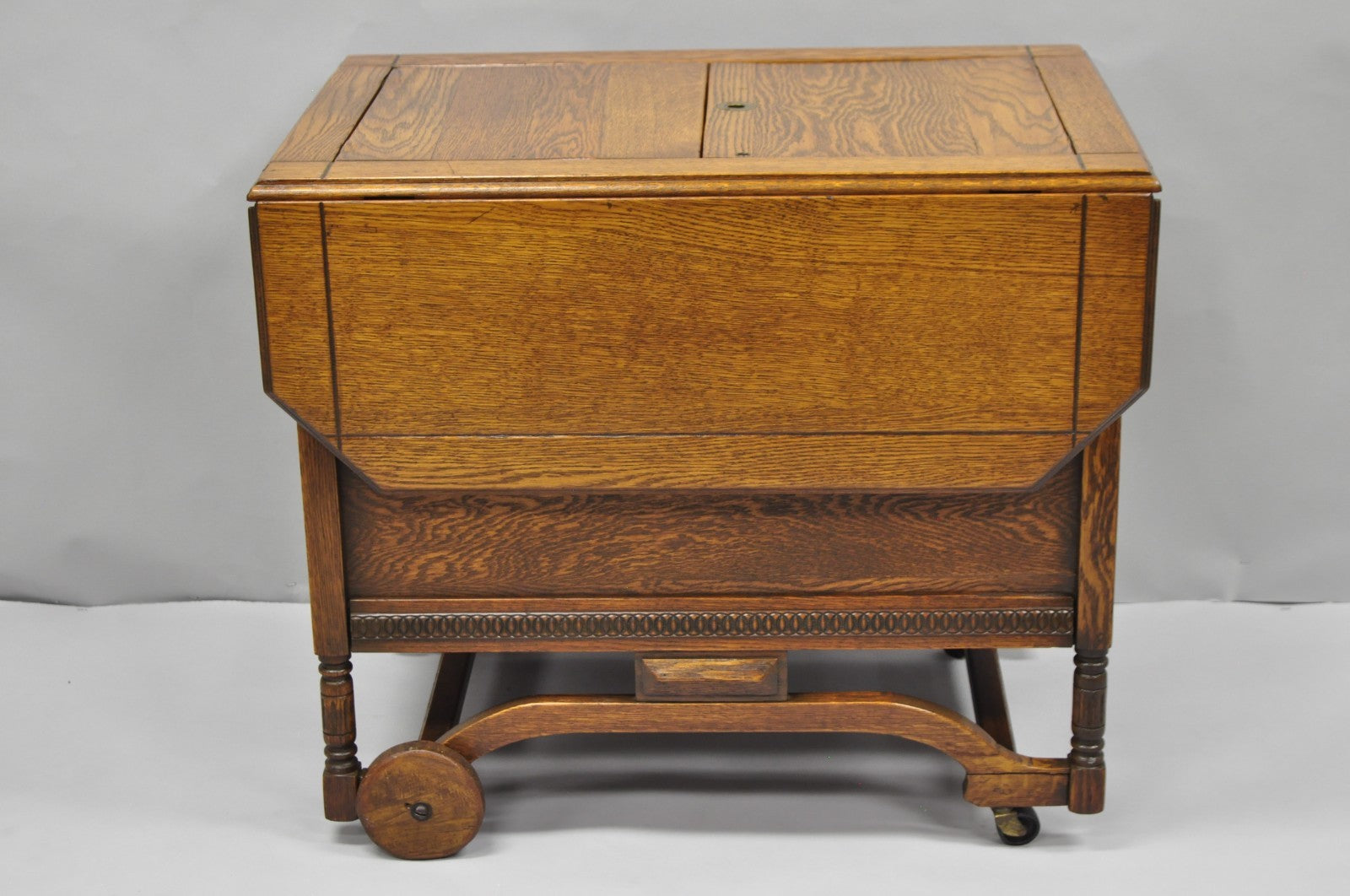 Antique Arts & Crafts Oak Wood Rolling Bar Cart Liquor Cabinet by Lammert's