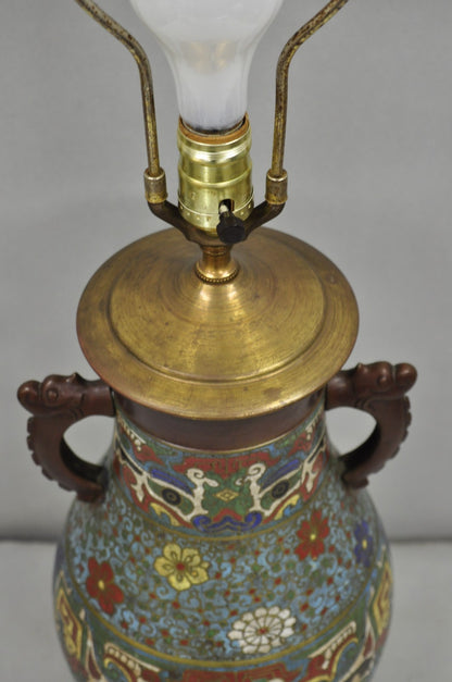 Antique Chinoiserie Blue Cloisonne Enamel Bronze Champleve Vase Table Lamp