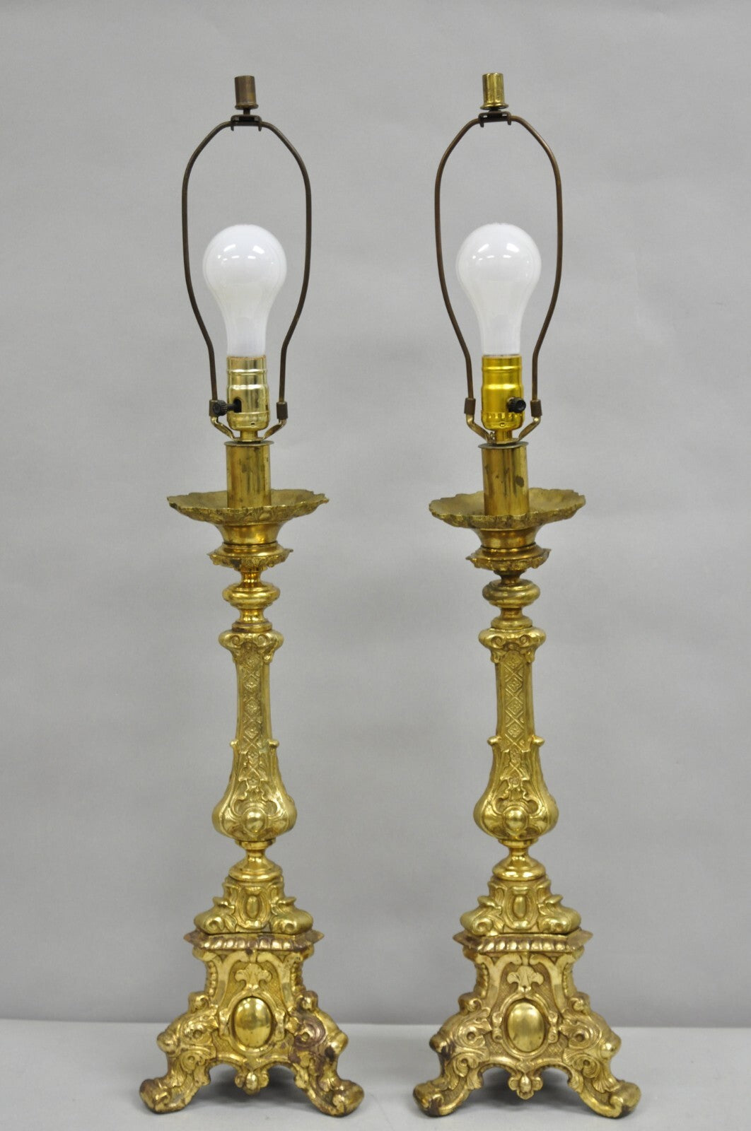 Vintage French Empire Baroque Ornate Brass Candlestick Table Lamps - a Pair