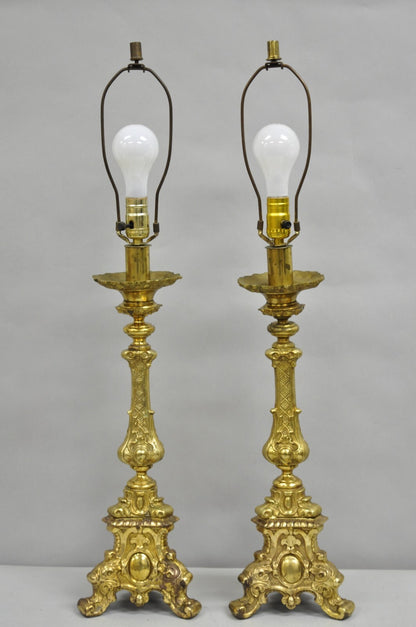 Vintage French Empire Baroque Ornate Brass Candlestick Table Lamps - a Pair