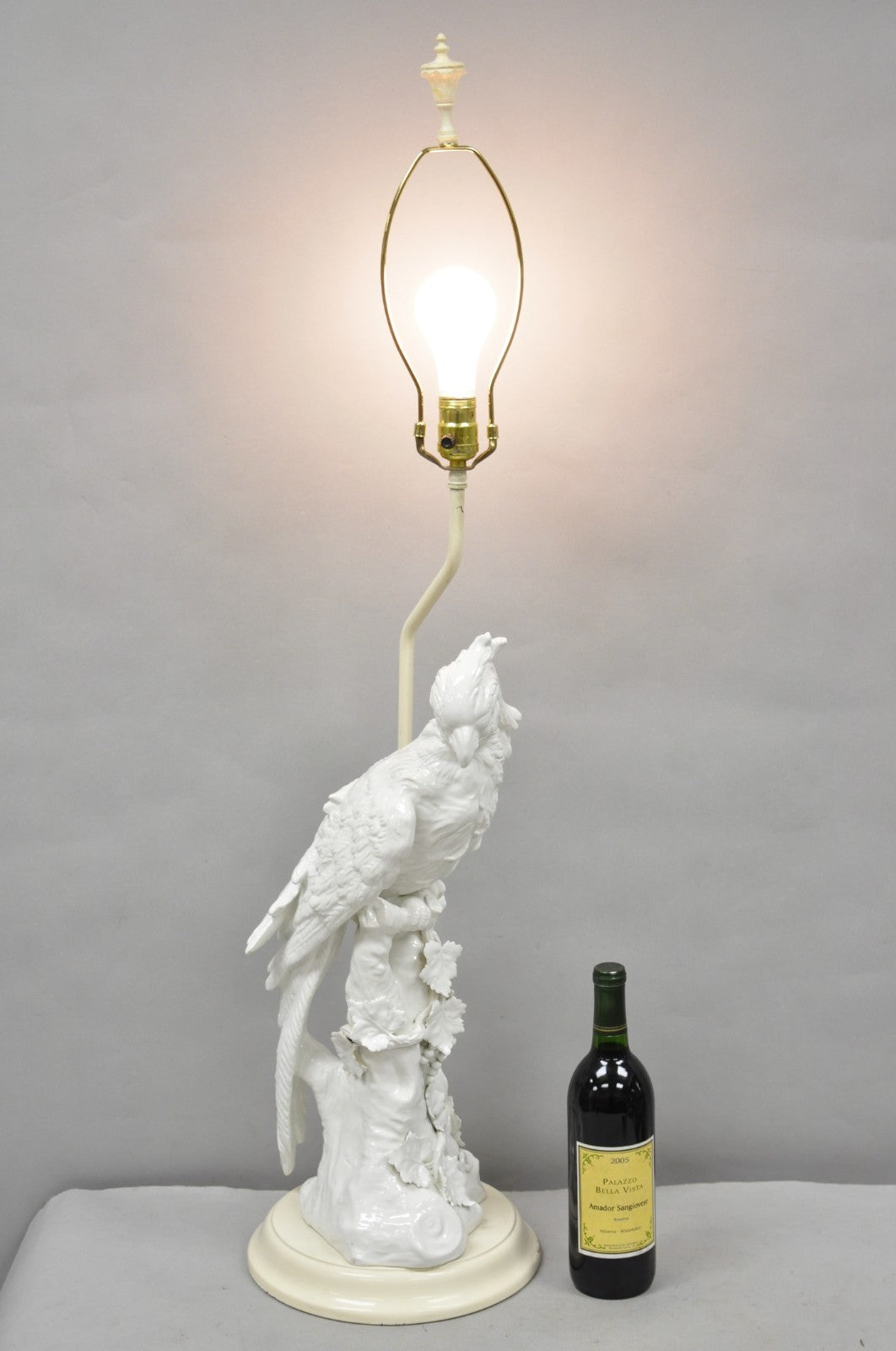 Antique Italian Blanc de Chine White Porcelain Perched Cockatoo Bird Table Lamp