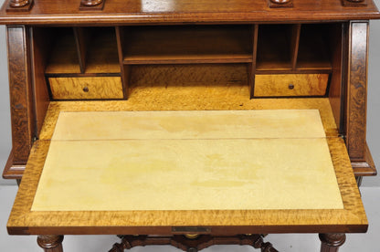 Antique Victorian Burl Walnut Slant Front Secretary Writing Desk with Mirror