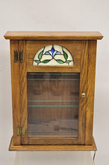 Vintage Victorian Style Oak Wood & Stained Glass Small Display Curio Cabinet