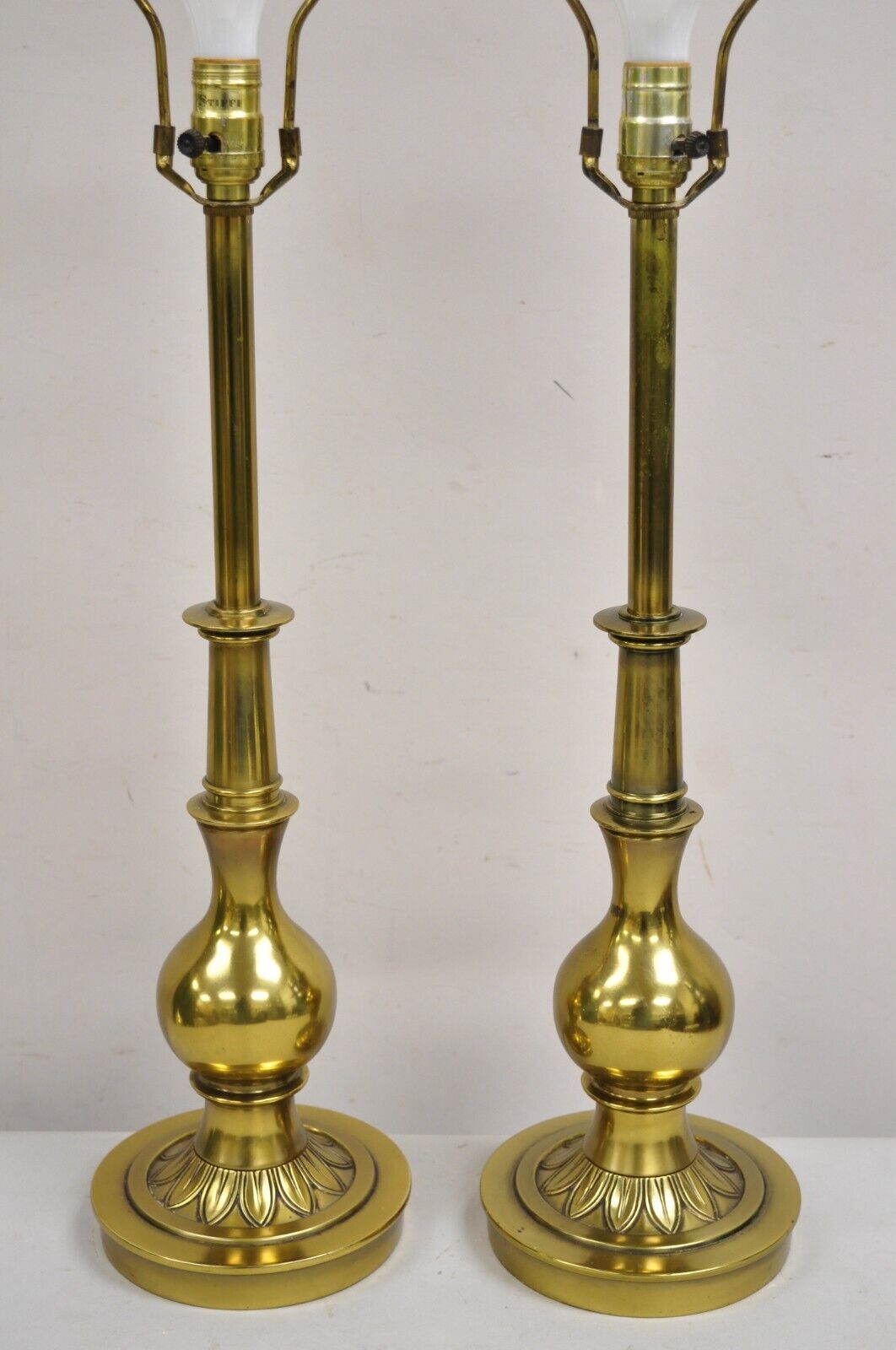 Vintage Stiffel Hollywood Regency Brass Bulbous Column Table Lamps - a Pair