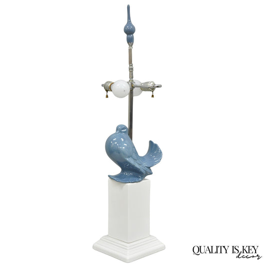 Vintage Chinoiserie Blue White Porcelain Hollywood Regency Dove Bird Table Lamp