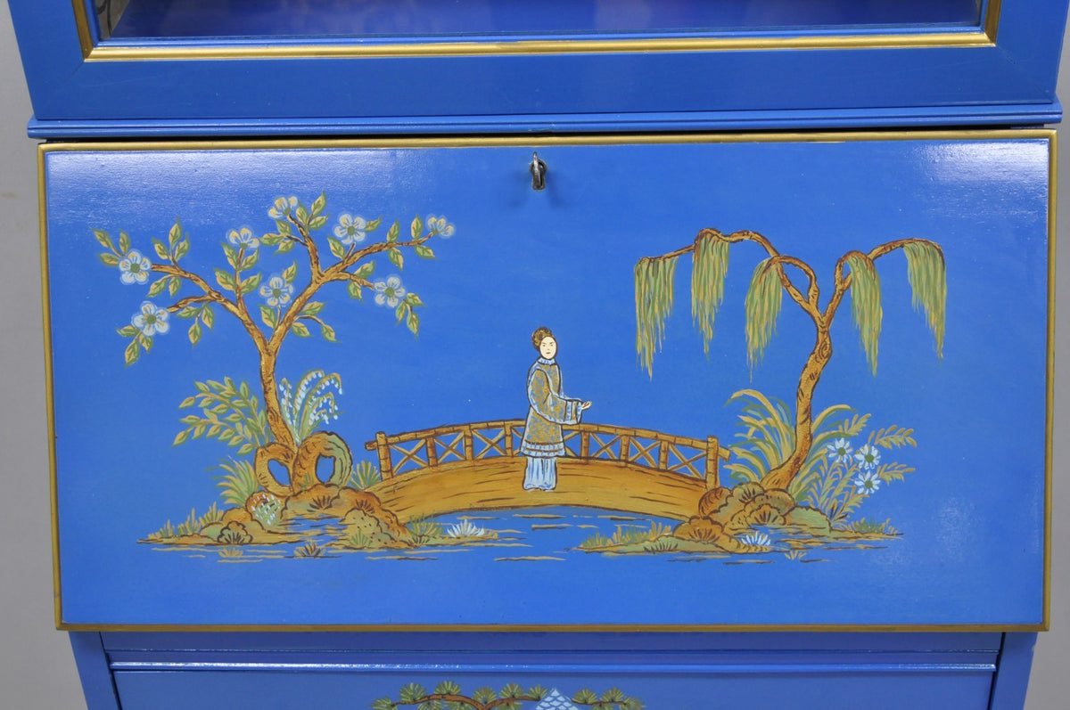 Vintage Chinoiserie Blue Hand Painted Gold Gilt Narrow Bookcase Secretary Desk